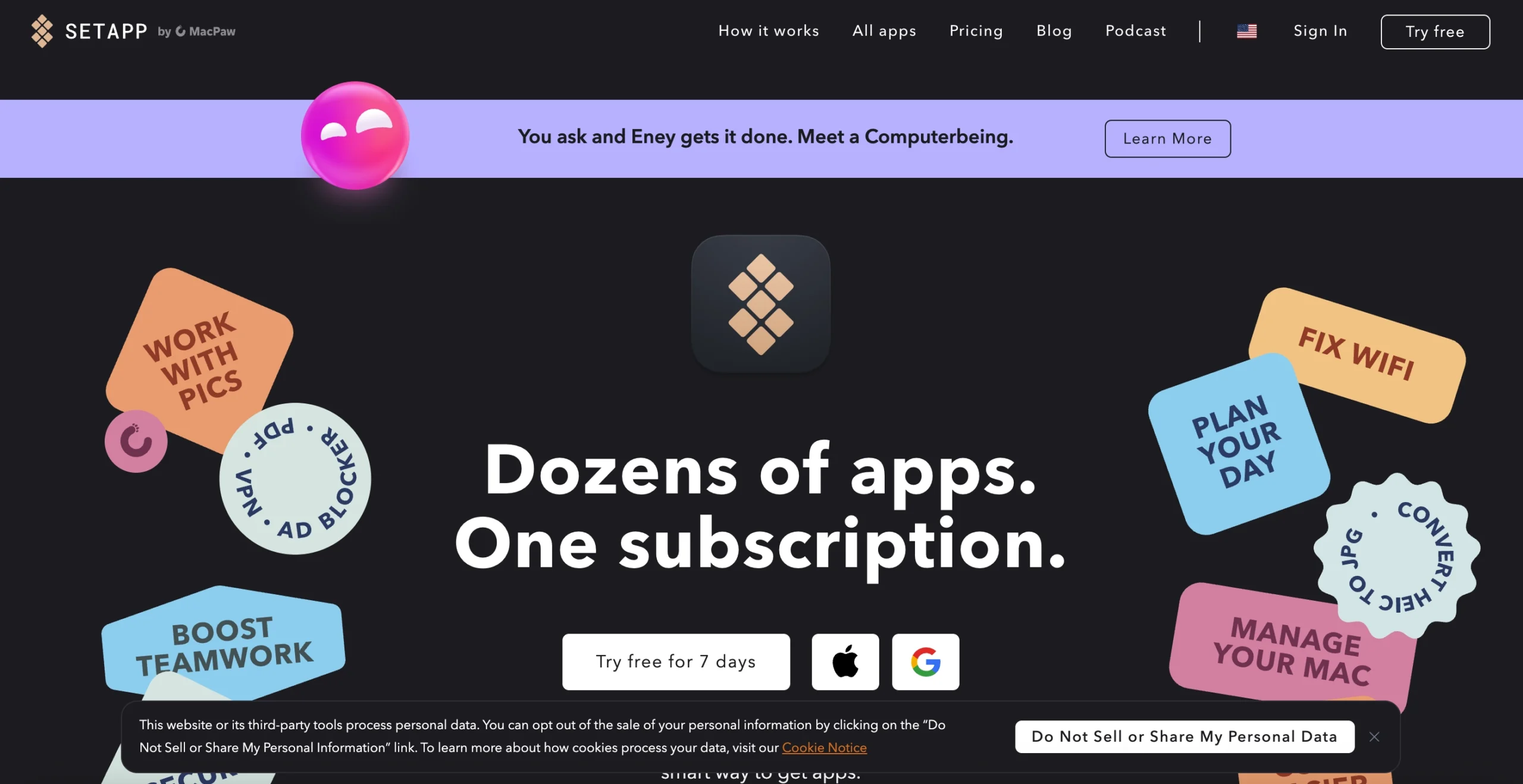 Setapp interface showing subscription-based apps for Mac and iOS